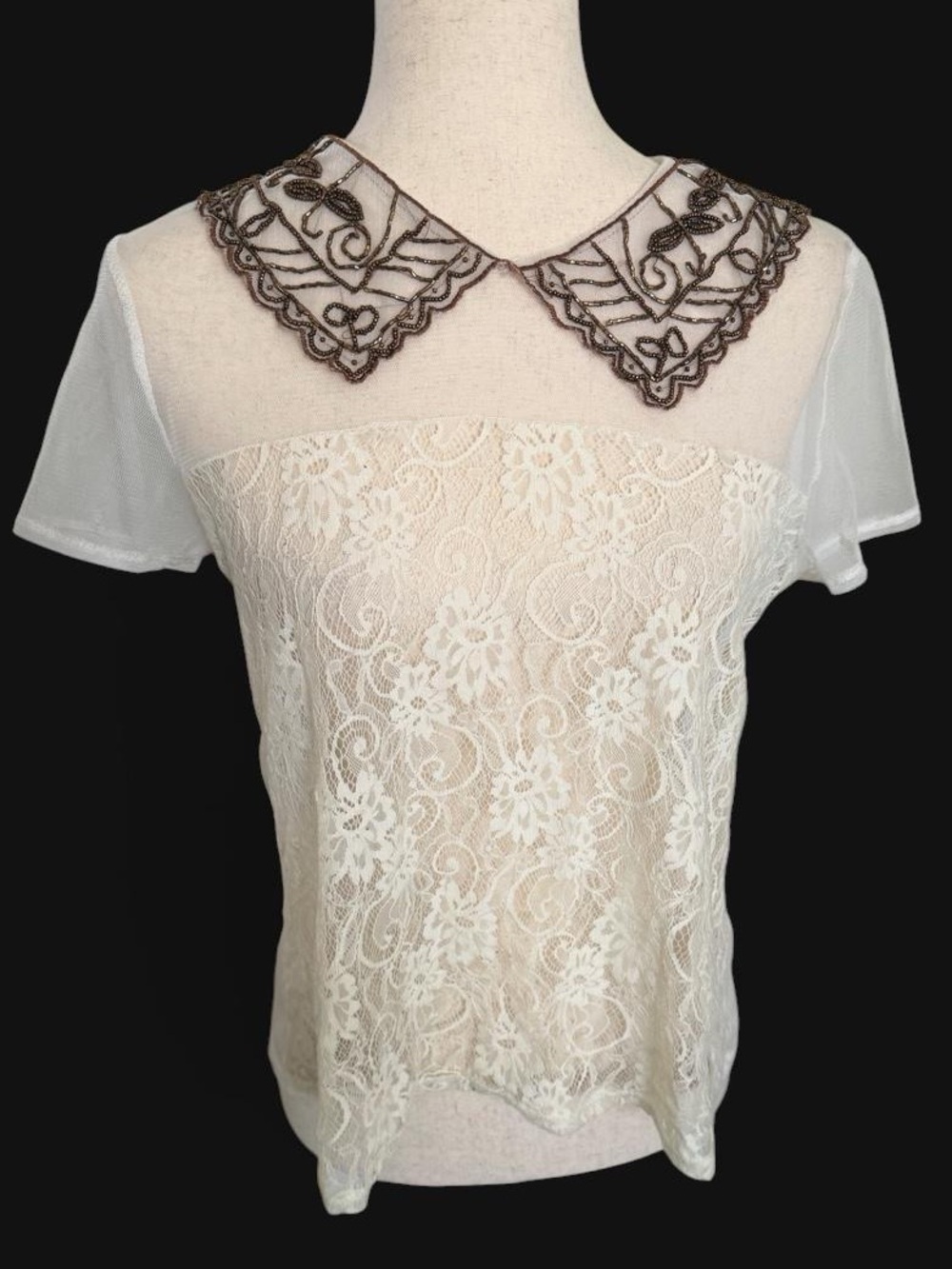 Cream Lace Beaded Peter Pan Collar Blouse Cottagecore Sheer Coquette Medium